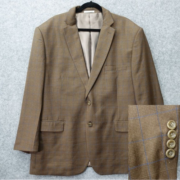 Windowpane Plaid Sport Coat Men 48L Brown Blue Overcheck Jacket VINCI PHILOSOPHY